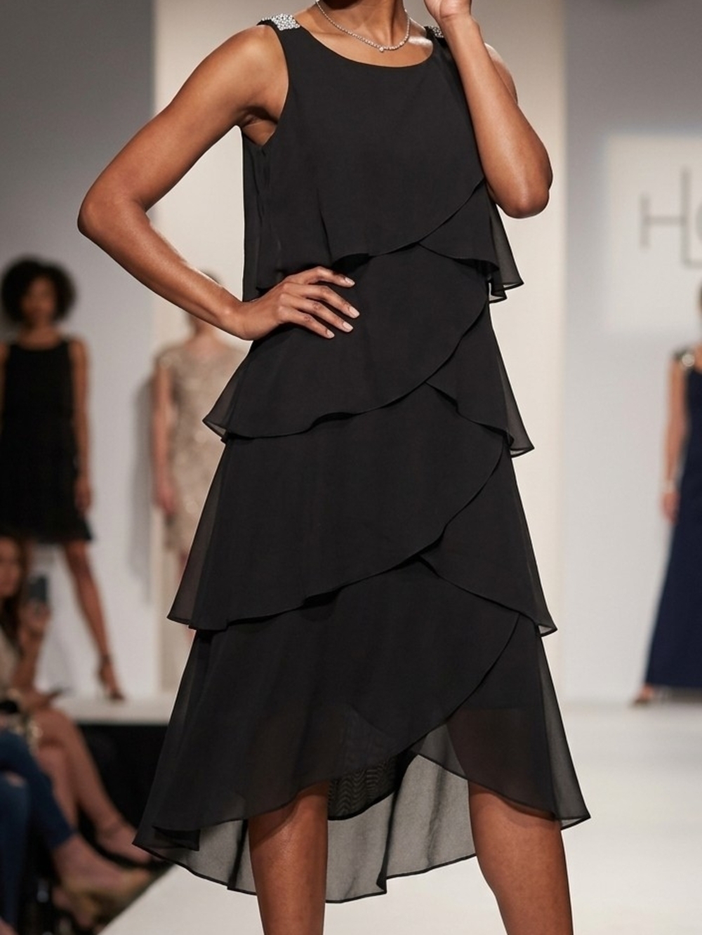 SLNY Black Tiered Chiffon Dress with Rhinestone Shoulders